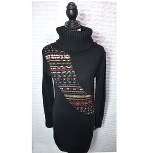 Linea Domani Womens Black Fair Isle Crochet Turtleneck Sweater Dress Size 4